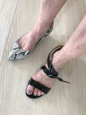 snake skin flats, soft black patent leather strappy sandals