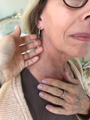 gold open hoop earrings, gold and crystal crossover ring