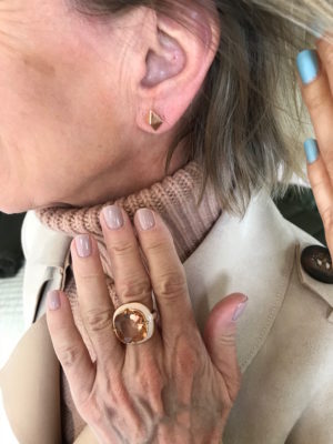 gold pyramid stud earrings, cream and pink stone large ring