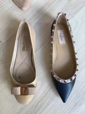 salvatore ferragamo gold flats, valentino navy studded pointy toe flats