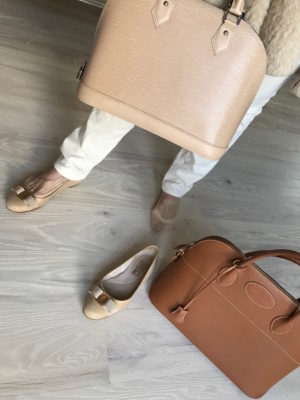 salvatore ferragamo gold flats, louis vuitton beige handbag, dooney & bourke tan handbag