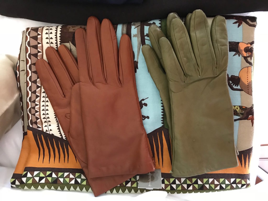 organge leather gloves, olive green leather gloves