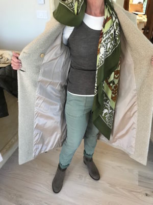 wolford white long sleeve top, worth brown tank top, multi-color print scarf, j.crew light green cargo pants