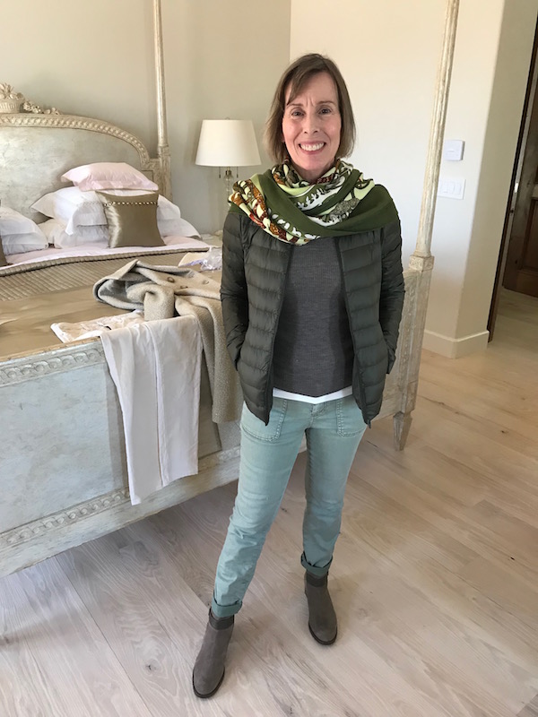 wolford white long sleeve top, worth brown tank top, uniqlo olive green zip up jacket, uniqlo olive green puffer jacket, multi-color print scarf, gravati brown suede ankle boots, gravati brown suede booties