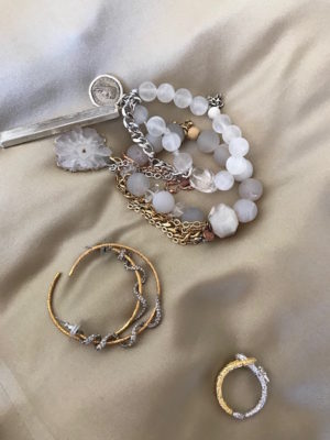 gold and silver ring, gold and silver swirl hoop earrings, gold beaded bracelet, silver beaded bracelet