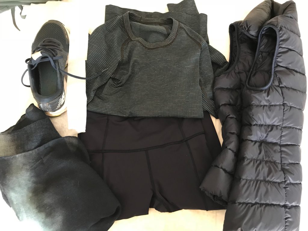 lululemon navy blue stripped top, navy blue scarf, lululemon navy blue leggings, uniqlo navy blue zip up vest, new balance navy blue sneakers