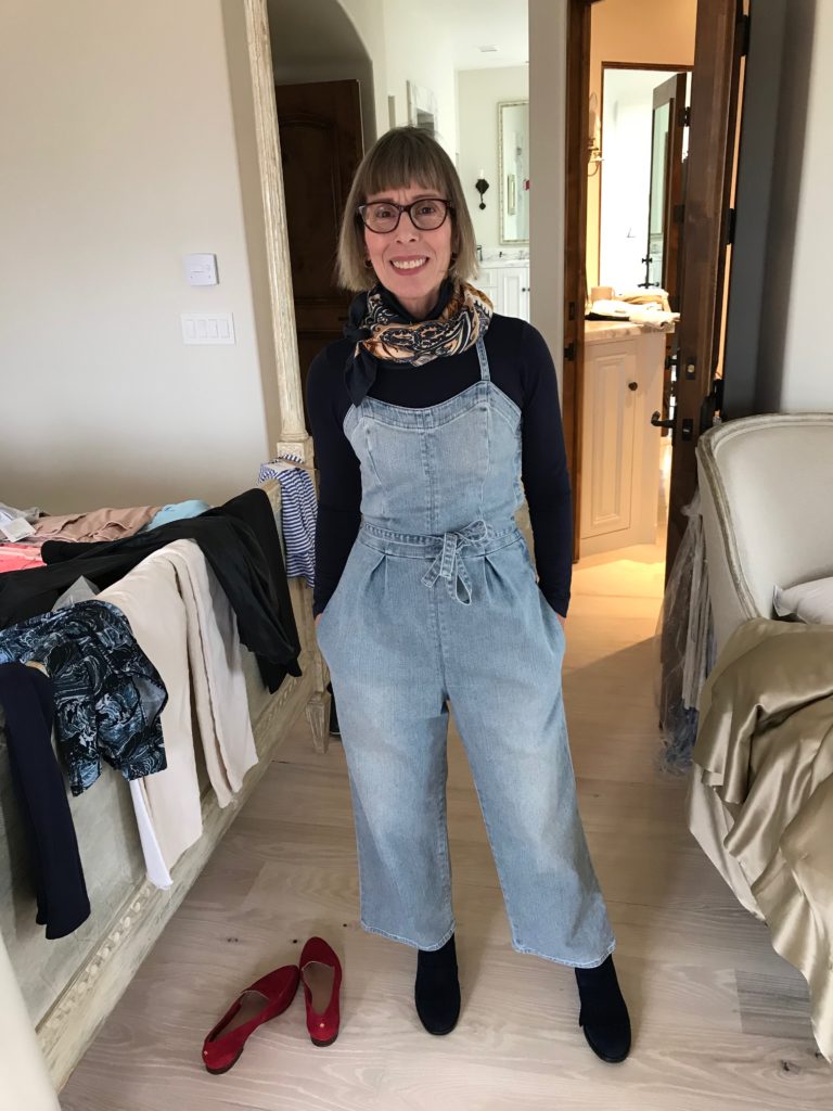 uniqlo navy blue turtleneck, uniqlo navy blue long sleeve top, ag denim overalls, navy blue multi-color print scarf, gravati navy blue suede booties