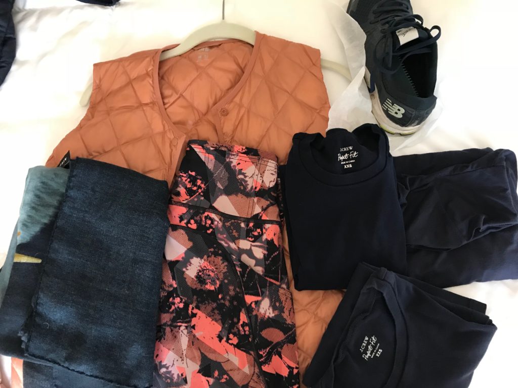 j.crew navy blue top, navy blue turtleneck, uniqlo orange vest, navy blue scarf, new balance navy blue sneakers