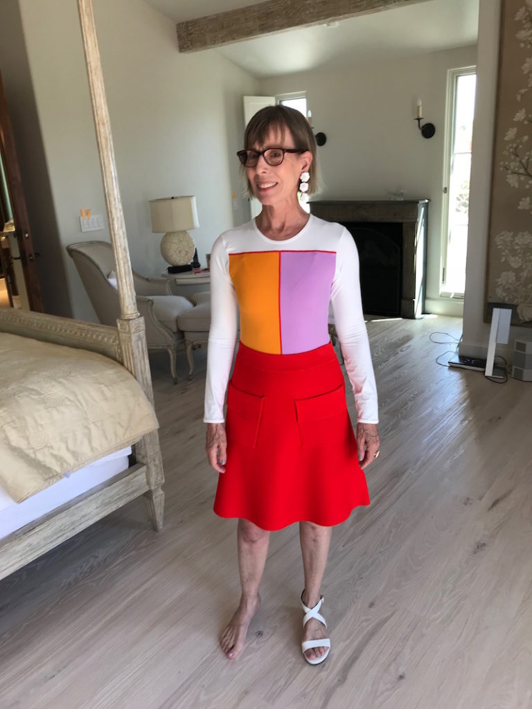 white orange and pink long sleeve top, white orange and pink crew neck top, alc red skirt alc red front pocket skirt, soft white patent strappy sandals