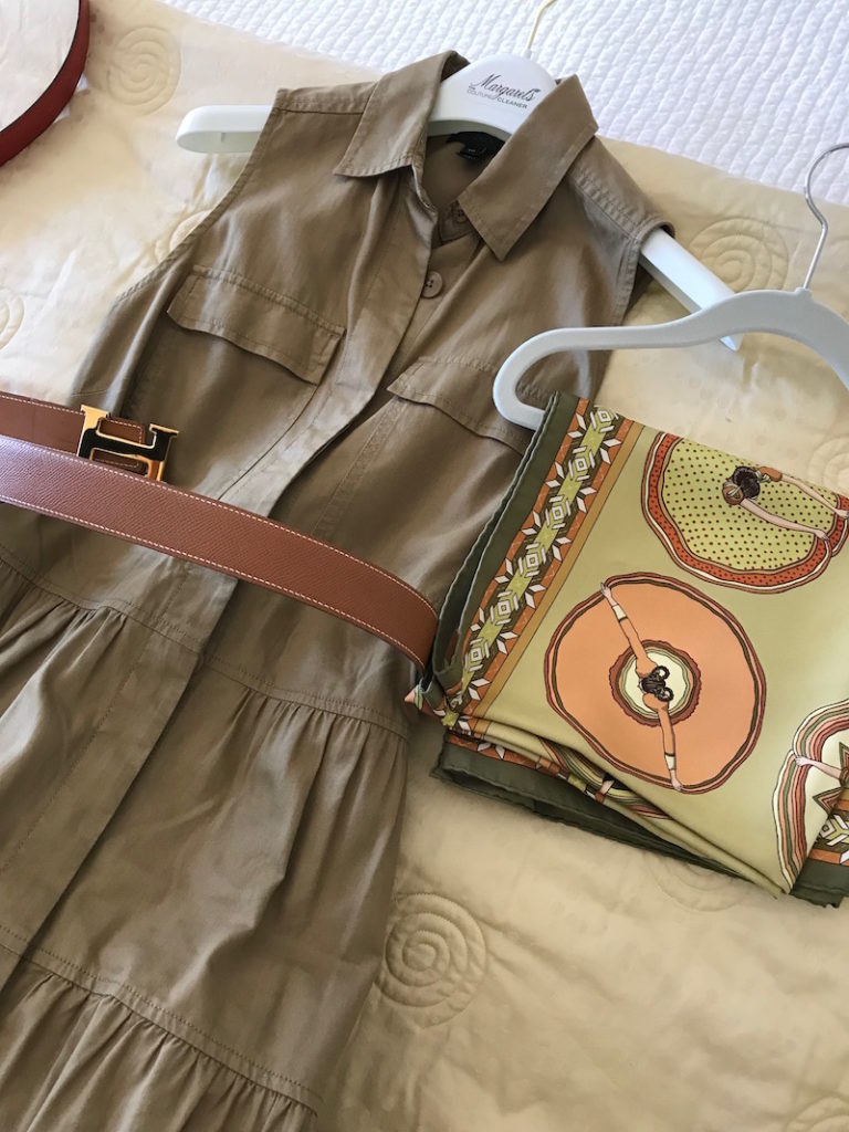 j.crew khaki button front dress, j.crew khaki sleeveless dress, hermes tan belt, green multi-color print scarf