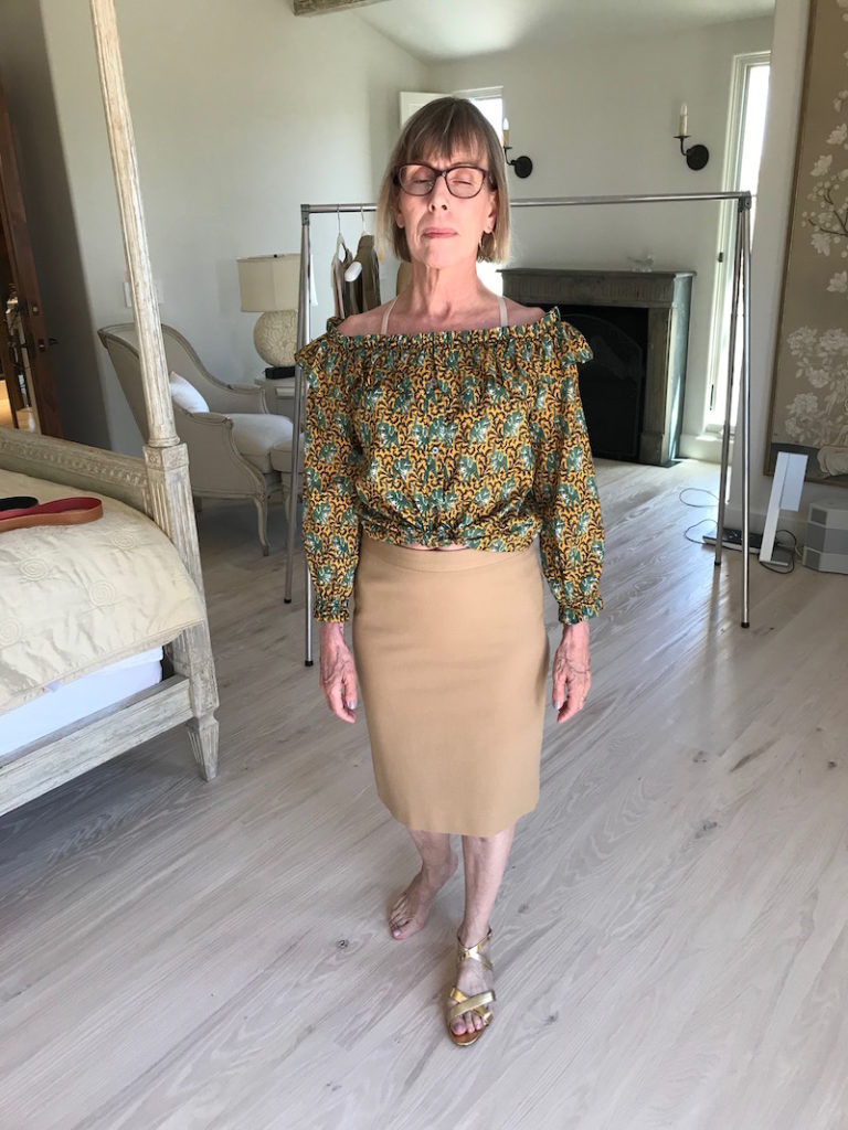 j.crew printed top, j.crew off the shoulder top, j.crew green and yellow printed top, j.crew tan skirt, j.crew mid-length skirt, gold strappy sandals