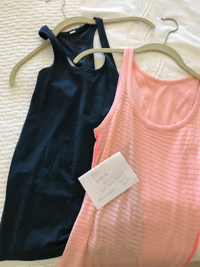 navy blue tank top, light pink tank top, lululemon navy blue and pink printed leggings,