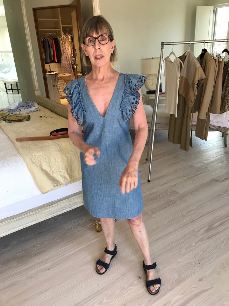 denim deep v-neck dress, denim flutter sleeve dress, arcopedico navy blue sandals