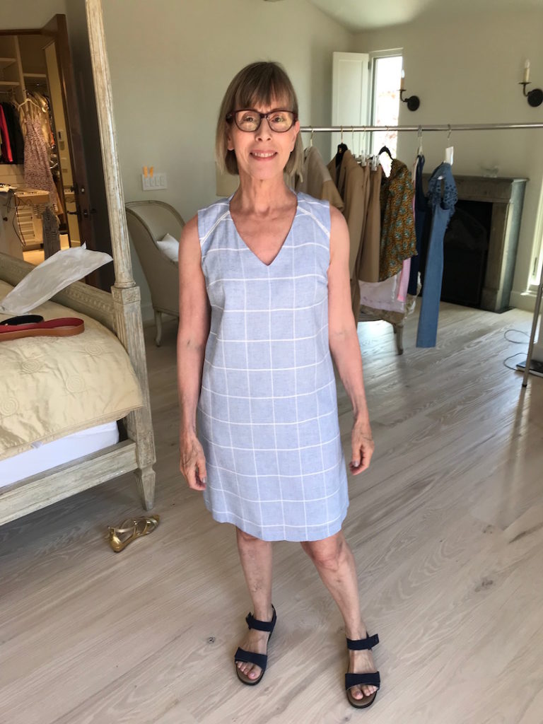 julian jordan light blue checkered dress, julian jordan light blue sleeveless dress, julian jordan light blue checkered v-neck dress, arcopedico navy blue sandals