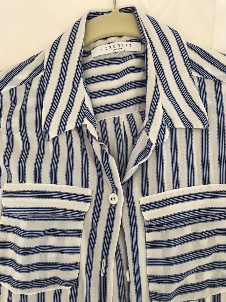 foxcroft blue and white striped button up shirt, foxcroft blue and white striped collared shirt