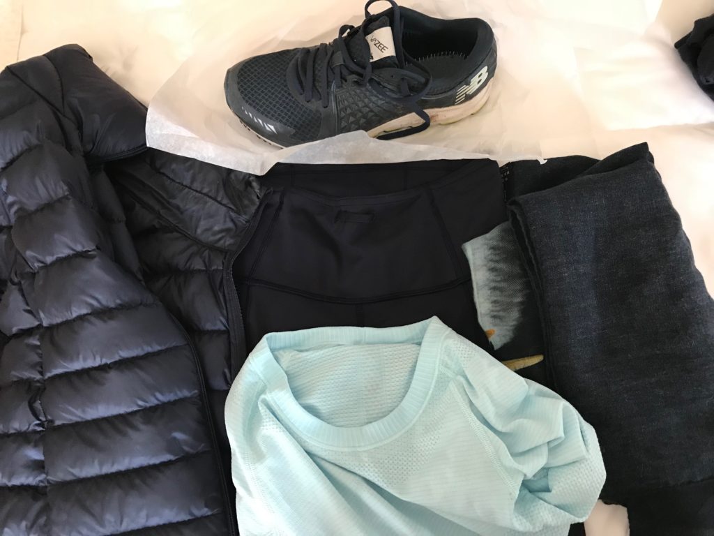 lululemon mint green round neck top, uniqlo navy blue vest, navy blue scarf, new balance navy blue sneakers, lululemon navy blue leggings
