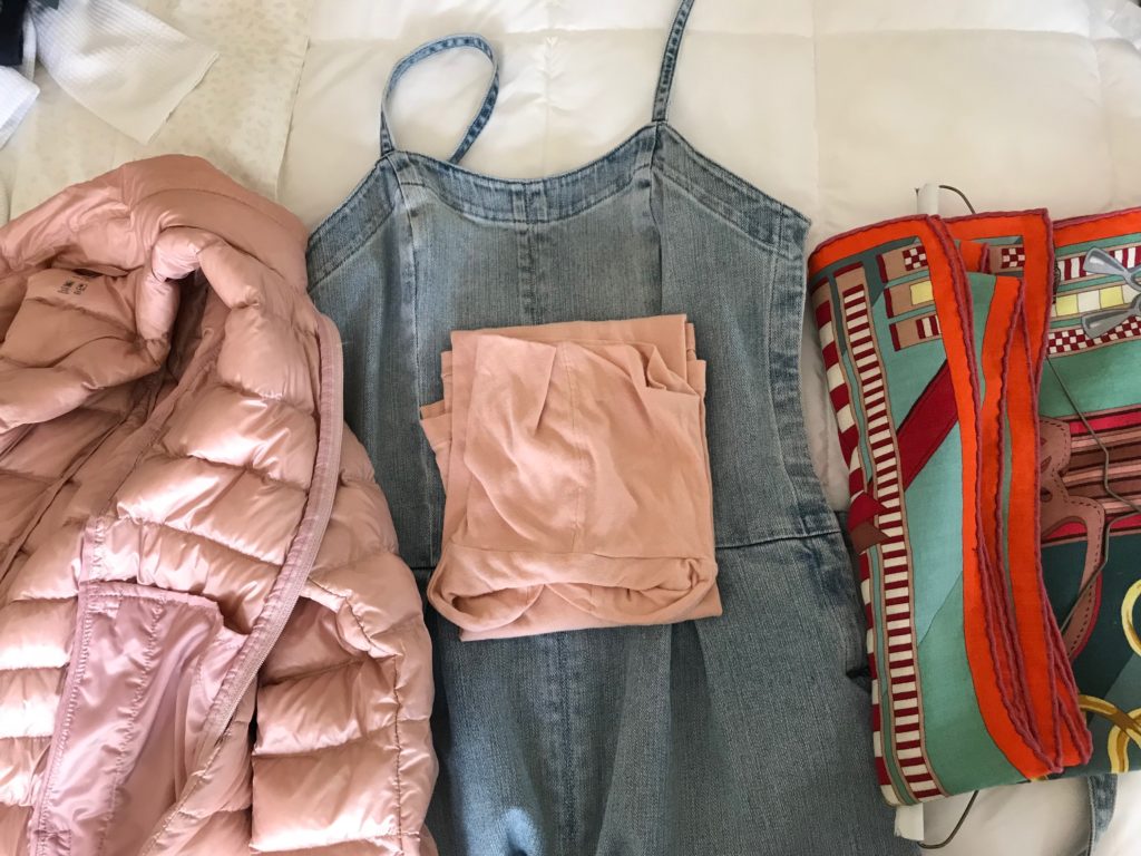 light pink turtleneck, uniqlo light pink zip up jacket, uniqlo light pink puffer jacket, green multi-color print scarf