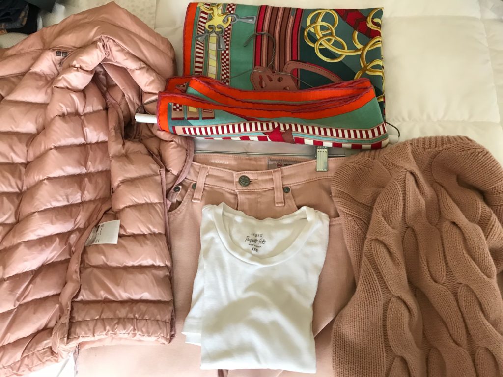 j.crew white top, theory pink turtleneck, theory pink sweater, uniqlo pink zip up jacket, uniqlo pink puffer jacket, ag light pink jeans, ag colored denim, green multi-color print scarf