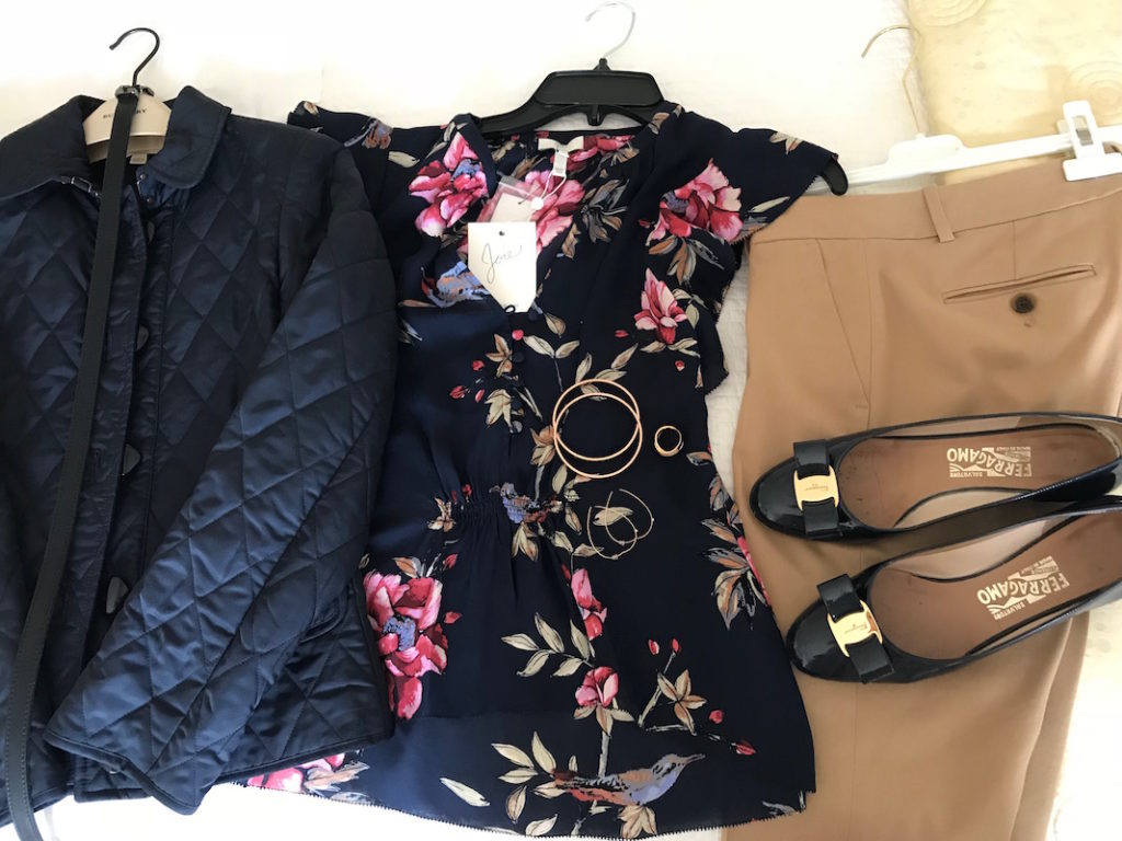 joie navy blue floral print blouse, joie navy blue printed blouse, burberry navy blue quilted jacket, j.crew khaki slacks, j.crew khaki pants, salvatore feragamo navy blue patent leather flats
