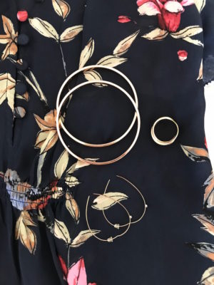 gold bangles, gold and crystal ring, gold dangle bar earrings