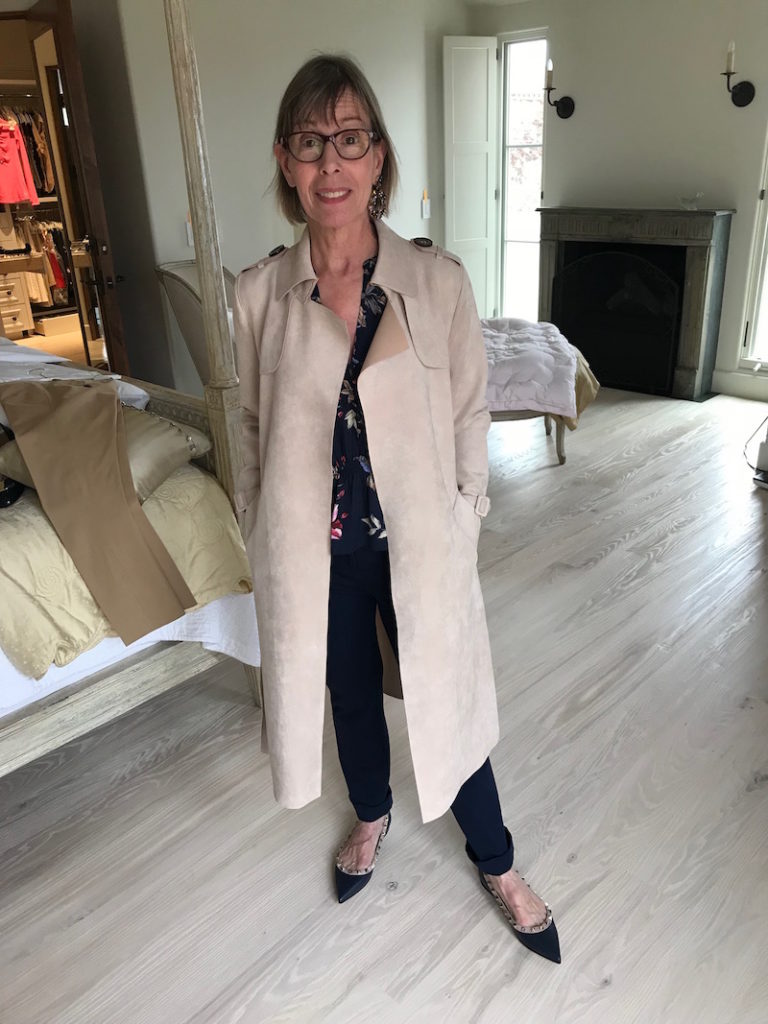 joie navy blue floral print blouse, joie navy blue printed blouse, love token khaki trench coat, kobi halperin navy blue slacks, kobi halperin navy blue pants, valentino navy blue pointy toe flats