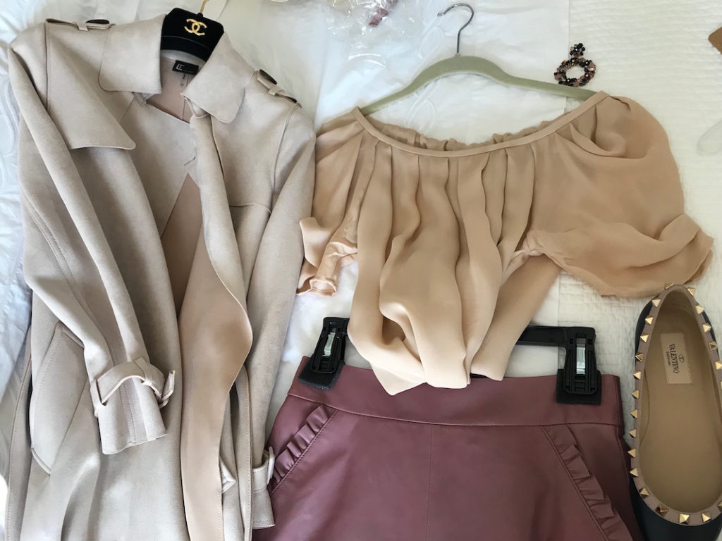 joie beige short sleeve blouse, joie beige pleated front blouse, love token beige trench coat, kate spade mauve miniskirt, kate spade mauve ruffle pocket skirt, valentino navy blue pointy toe flats