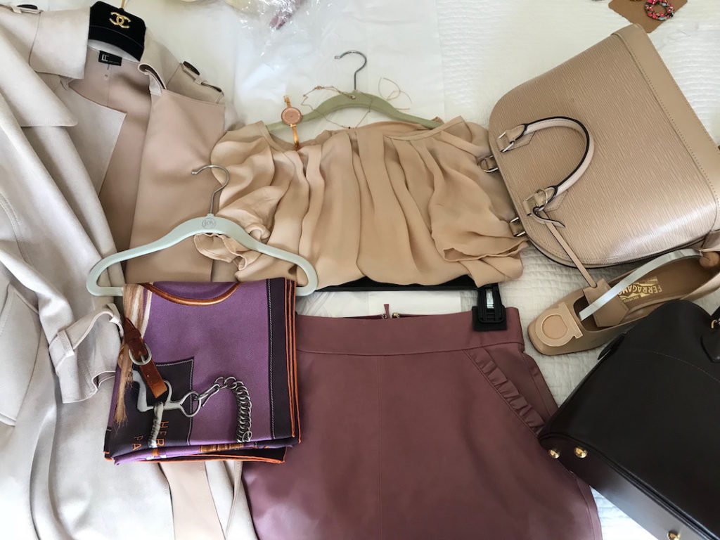 joie beige short sleeve blouse, joie beige pleated front blouse, love token beige trench coat, kate spade mauve miniskirt, kate spade mauve ruffle pocket skirt, valentino navy blue pointy toe flats, purple multi-color print scarf, louisvuitton beige handbag, doony and burke black handbag, salvatore feragamo beige flats