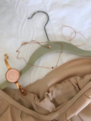 rose gold watch, rose gold necklace, rose gold dangle bar drop earrings