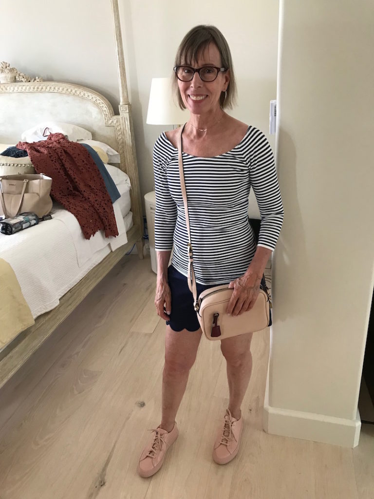 tre white and navy blue striped top, tre striped 3/4 sleeve top, lilly pulitzer navy blue shorts, j.crew nude crossby bag, beige sneakers
