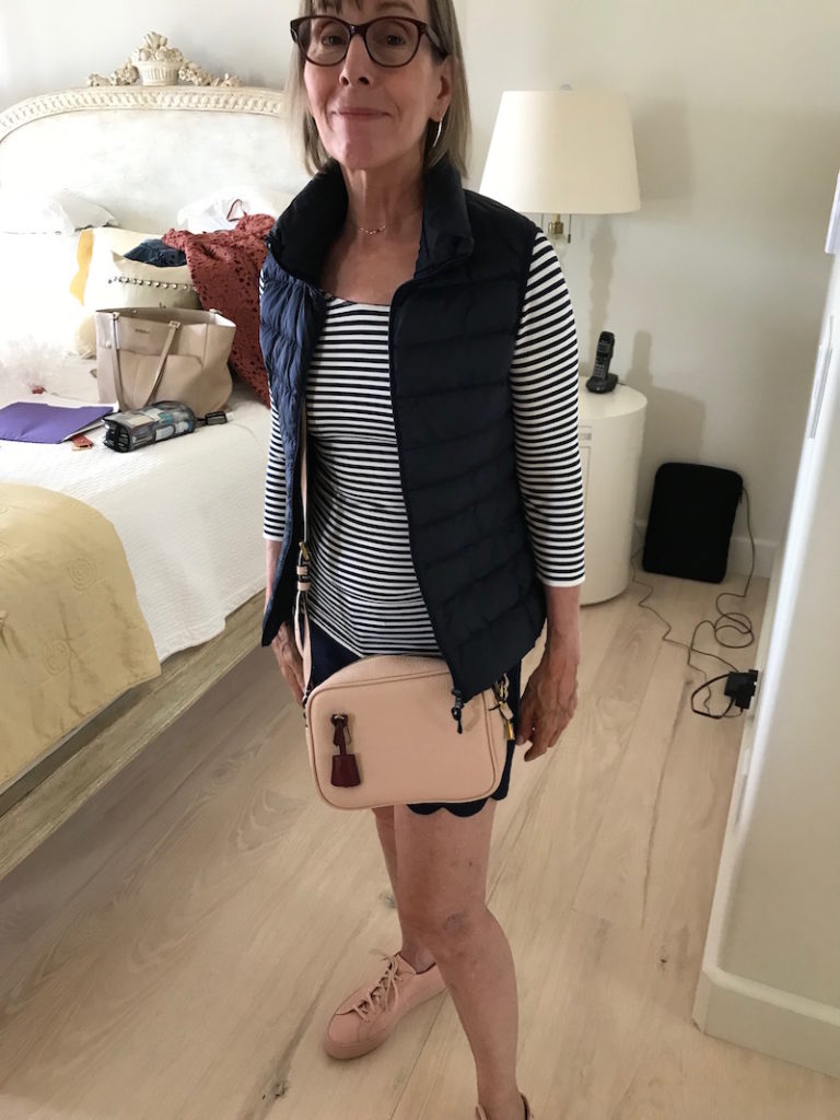 tre white and navy blue striped top, tre striped 3/4 sleeve top, lilly pulitzer navy blue shorts, uniqlo navy blue vest, uniqlo navy blue zip up vest, j.crew nude crossby bag, beige sneakers
