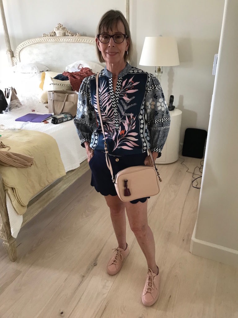 diane von furstenberg navy blue printed blouse, diane von furstenberg navy blue printed v-neck blouse, lilly pulitzer navy blue short, j.crew nude crossbody bag, beige sneakers 