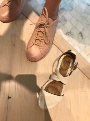 beige sneakers, soft white strappy sandals