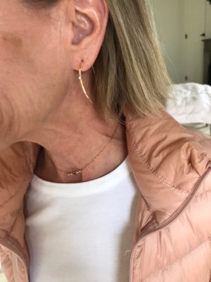 rose gold dangle bar earrings, rose gold and crystal stars necklace