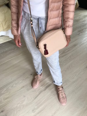 j.crew nude crossbody bag, beige sneakers