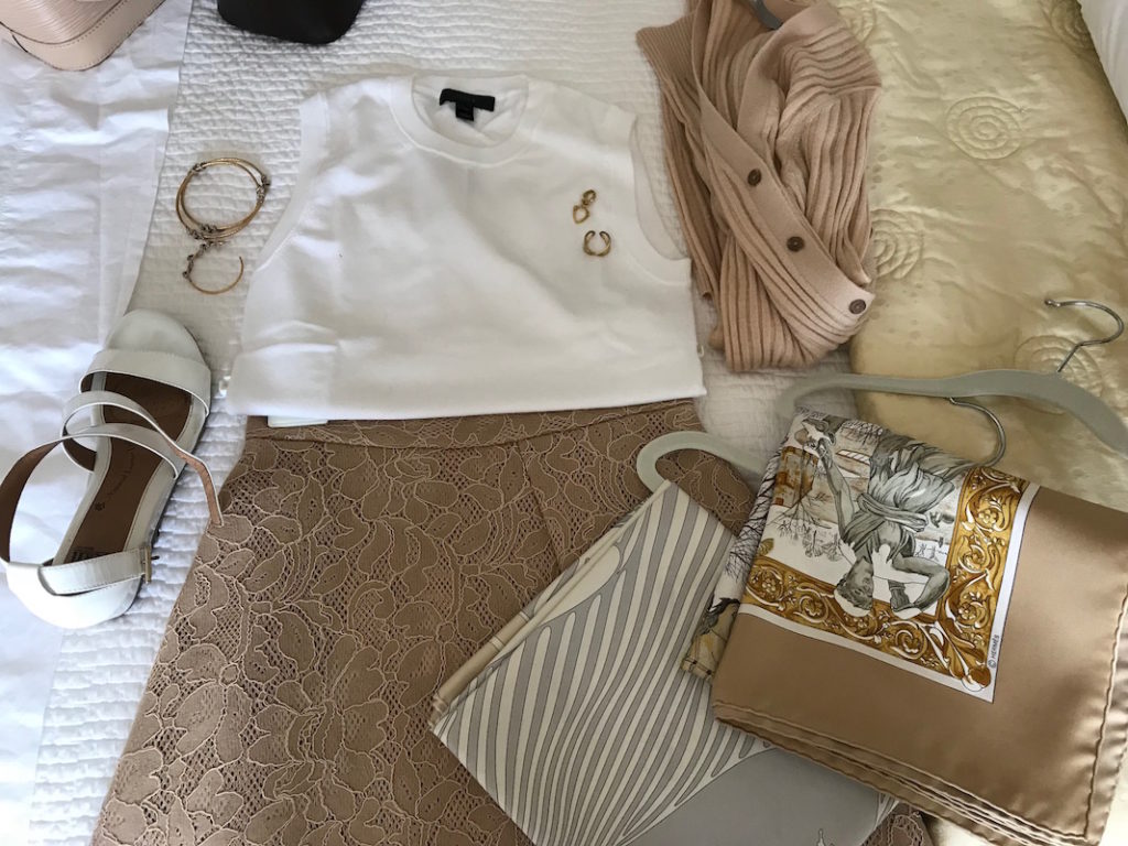 j.crew white sleeveless sweater, j.crew white sleeveless crew neck sweater, msgm tan lace skirt, vince beige cardigan, soft white strappy sandals, beige multi-color print scarf, grey printed scarf