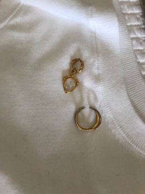 gold small hoop earrings, gold ring