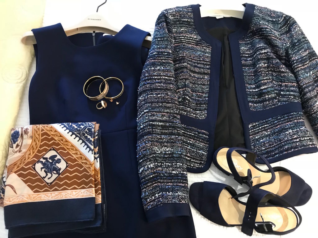 diane von furstenberg navy blue sleeveless dress, diane von furstenberg navy blue dress, diane von furstenberg navy blue tweed blazer, navy blue multi-color print scarf, gabor navy blue suede heels
