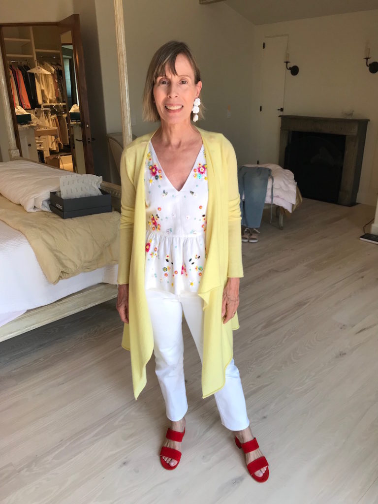 j.crew white floral v-neck blouse, j.crew white floral peplum blouse, ag white jeans, ag white denim, yellow cardigan, paul green red suede heel sandals