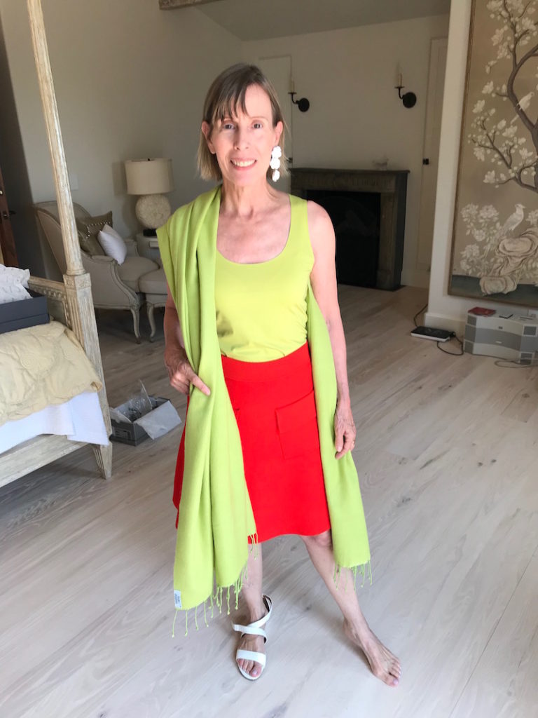 wolford lime green tank, wolford lime green u-neck tank, lime green scarf, a.l.c. red a-line skirt, a.l.c. red a-line front pocket skirt, soft white patent heel sandals
