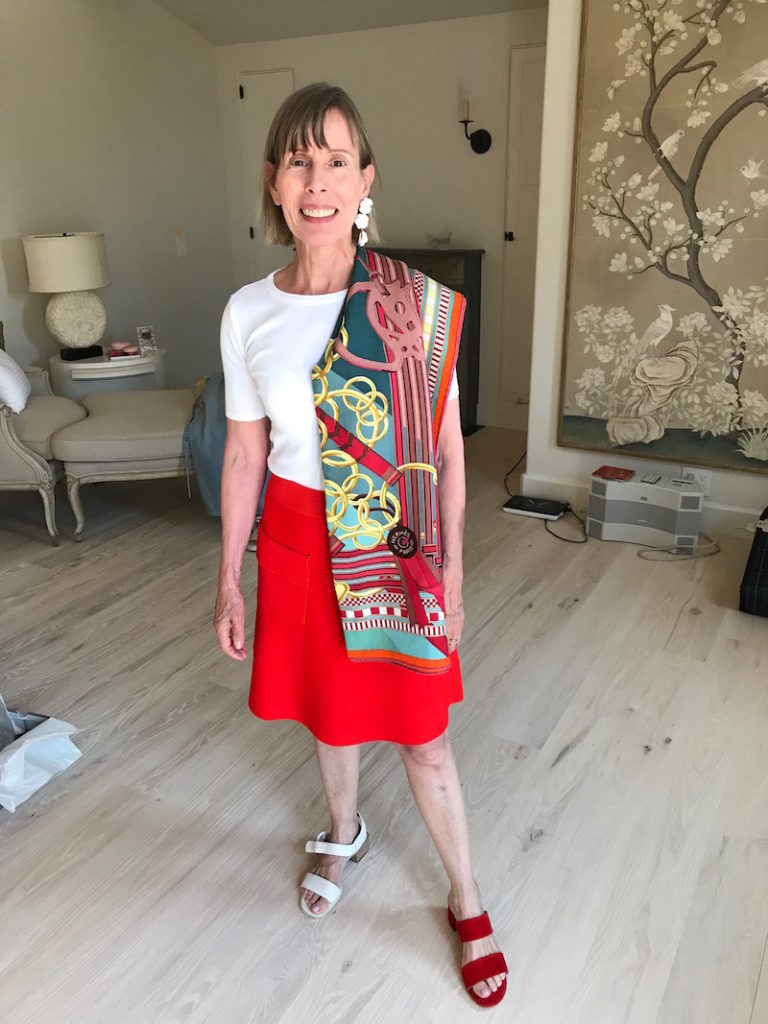 j.crew white tee, j.crew white crew neck tee, a.l.c. red a-line skirt, a.l.c. red a-line front pocket skirt, camper white heel sandals, paul green red suede heel sandals, red multi-color print scarf