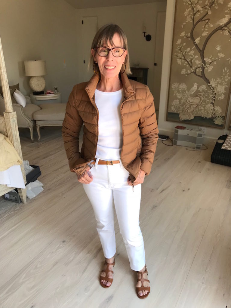 j.crew white tee, j.crew white crew neck tee, uniqlo brown puffer jacket, ag white jeans, white denim, j.crew brown strappy sandals