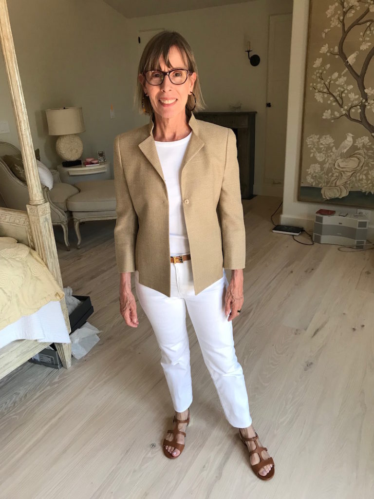 j.crew white tee, j.crew white crew neck tee, akris tan blazer, jacket, ag white jeans, white denim, j.crew brown strappy sandals