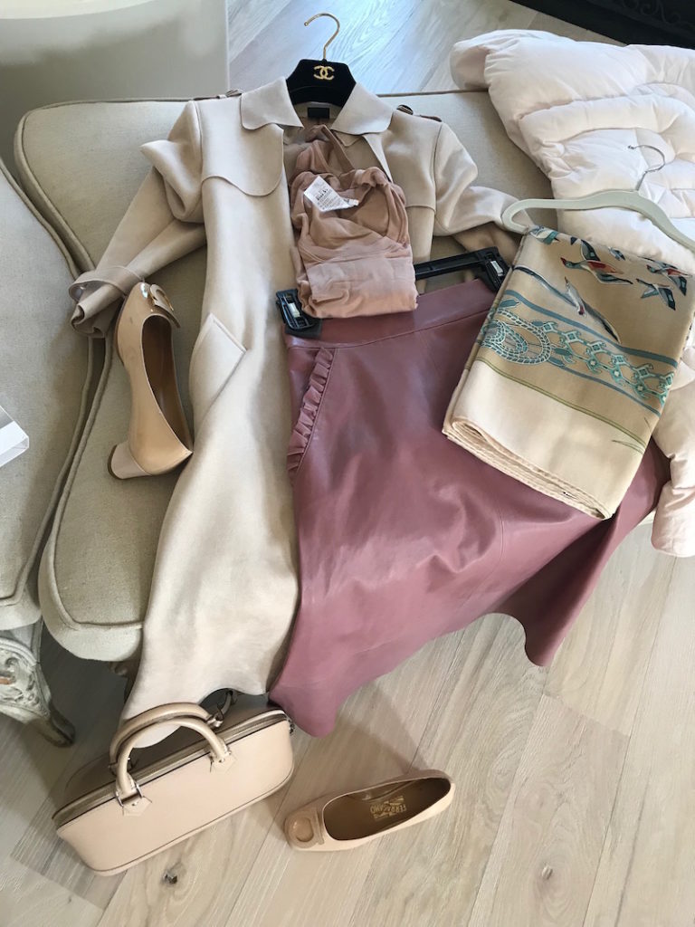 wolford light pink round neck one piece, wolford light pink long sleeve one piece, love token nude suede trench coat, kate spade mauve pink leather skirt, kate spade mauve pink ruffle pocket skirt, beige multi-color print scarf, salvatore ferragamo beige square toe heels