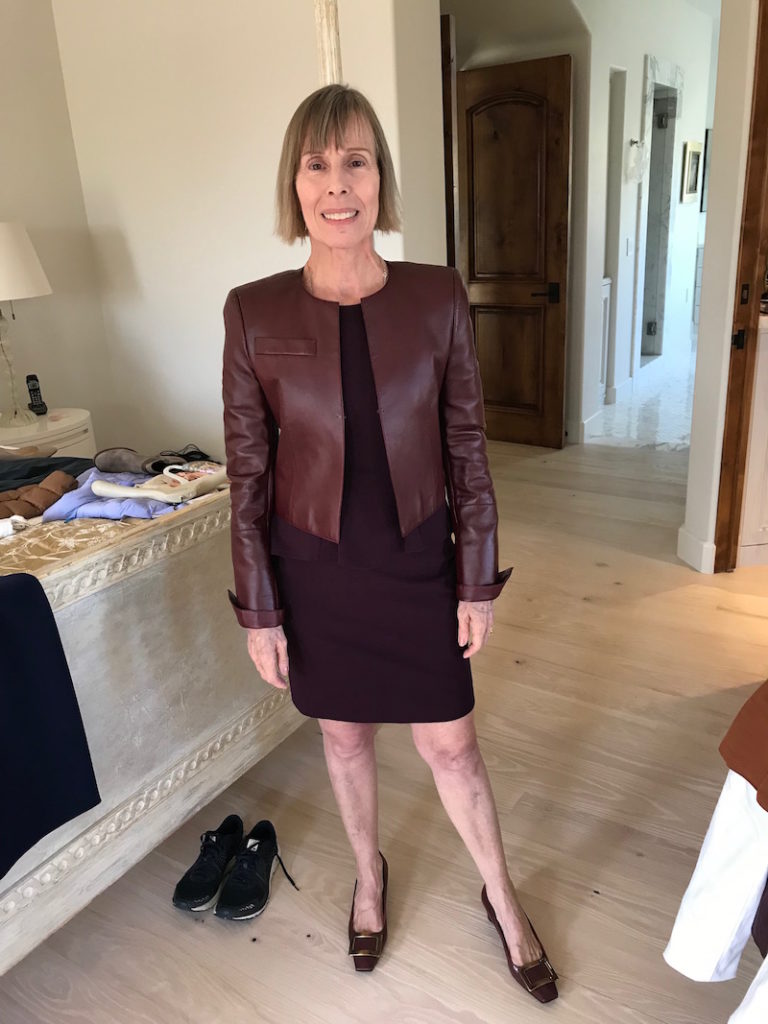 burgundy dress, burgundy leather jacket, salvatore ferragamo burgundy square toe heels