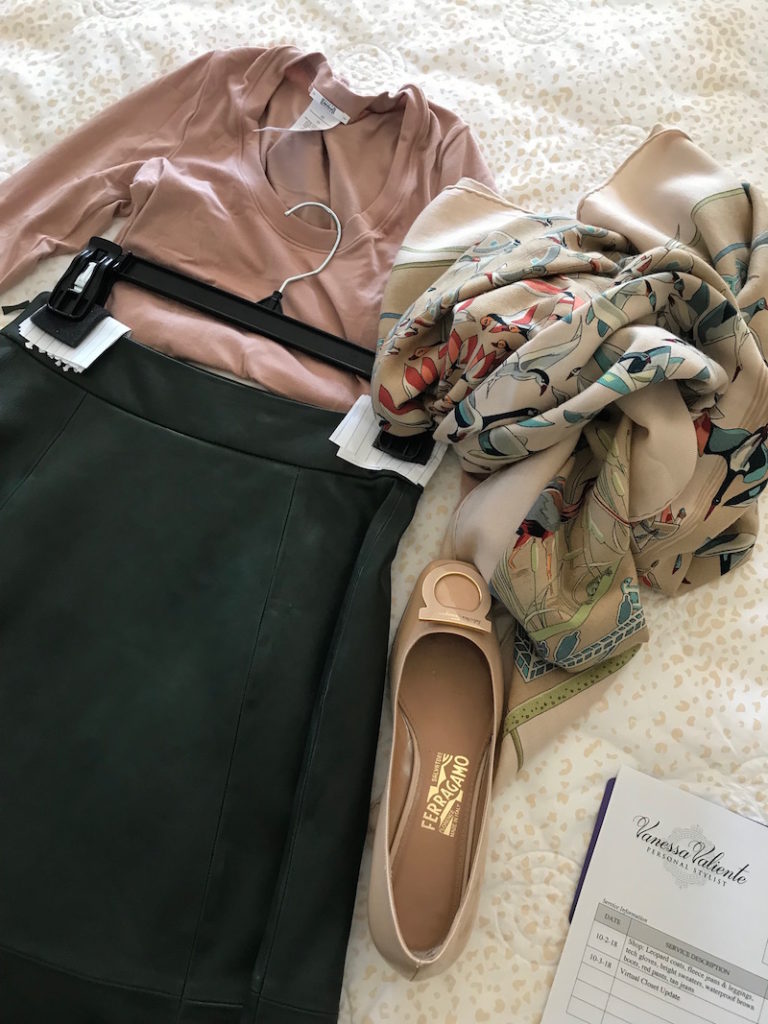 wolford light pink round neck one piece top, wolford light pink long sleeve one piece top, kate spade dark green leather skirt, beige multi-color print scarf, salvatore ferragamo beige square toe heels