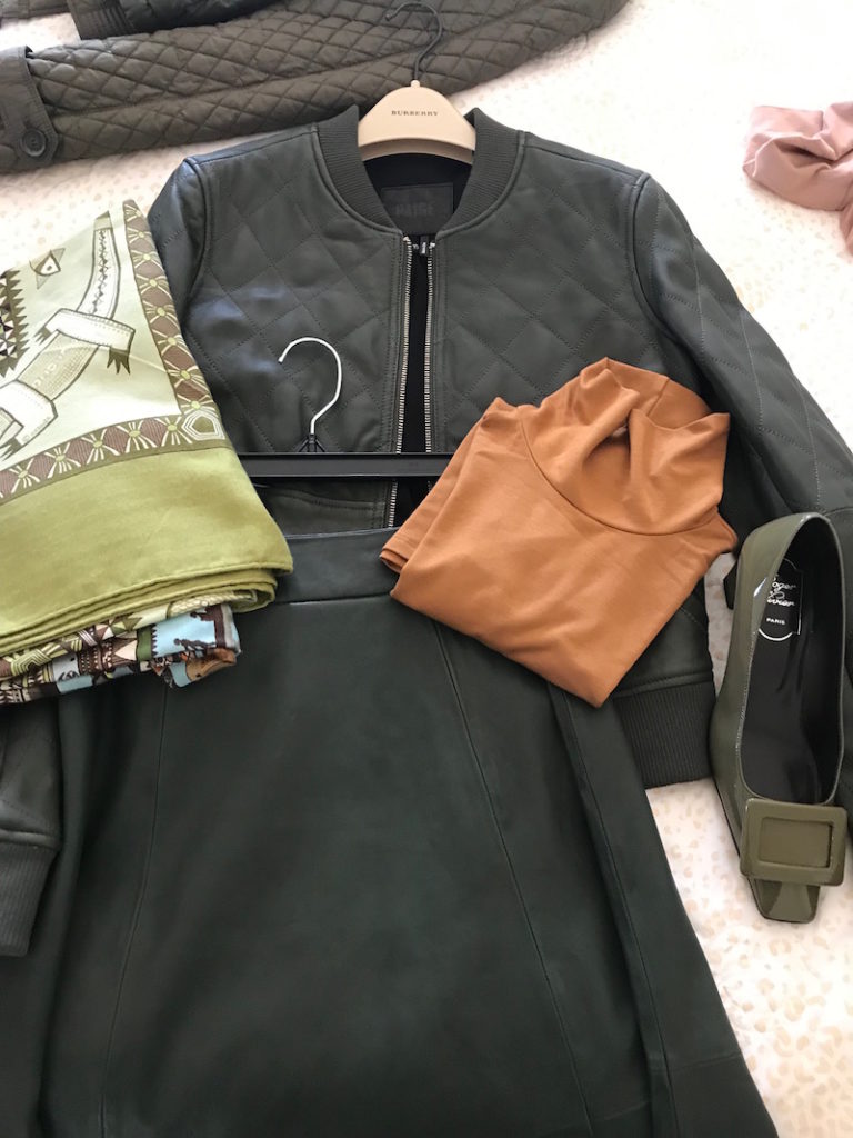 uniqlo tan turtleneck, paige dark green quilted leather jacket, green multi-color print scarf, salvatore ferragamo olive green square toe heels