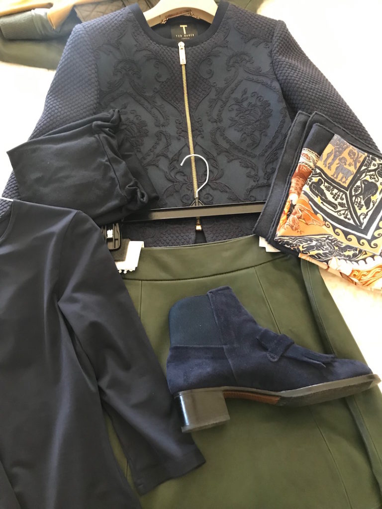 uniqlo navy blue turtleneck, navy blue round neck top, ted baker navy blue zip up jacket, ted baker navy blue embroidered jacket, navy blue multi-color print scarf, gravati navy blue suede booties, kate spade olive green leather skirt
