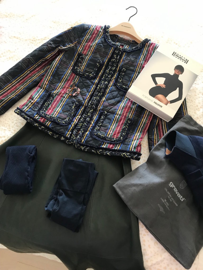 j.crew navy blue and plaid blazer, wolford black turtleneck, wolford black long sleeve top, navy blue tights, green leather skirt, gravati navy blue suede fringe booties