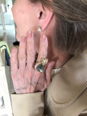 gold and crystal stud earrings, large gold stone ring, large gold stone pendant necklace