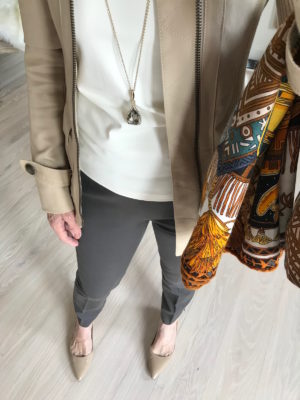 nude pointy toe heels, orange multi-color print scarf